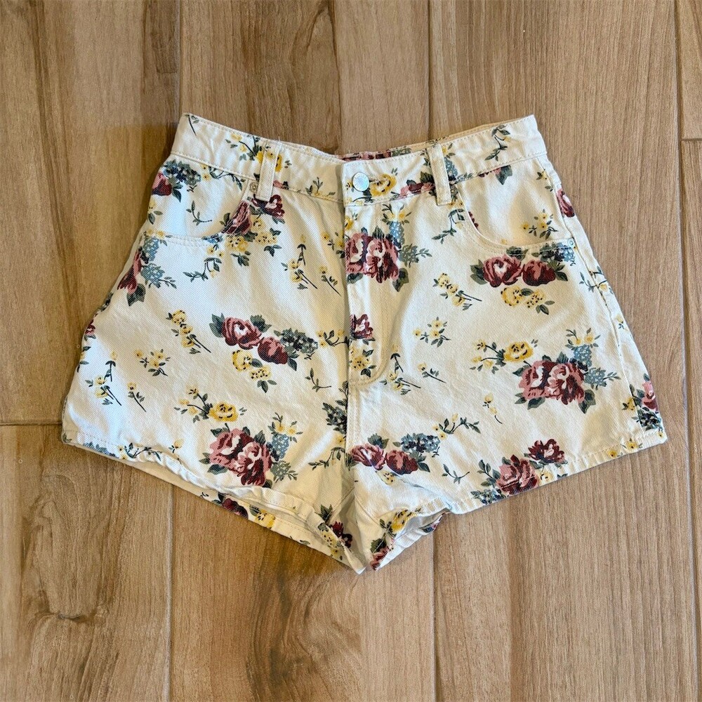 Rolla's Mirage Floral High Rise Denim Shorts Womens Size 27 Ivory Loose